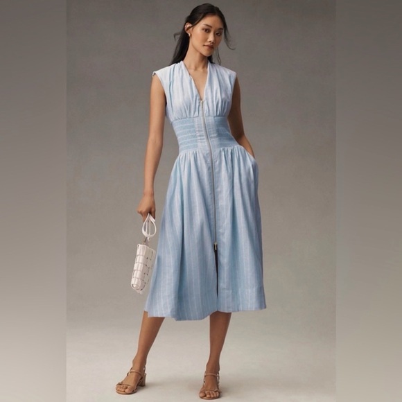 Anthropologie Tommie Cap Sleeve Smocked front zip shirt dress Summer NWT XS